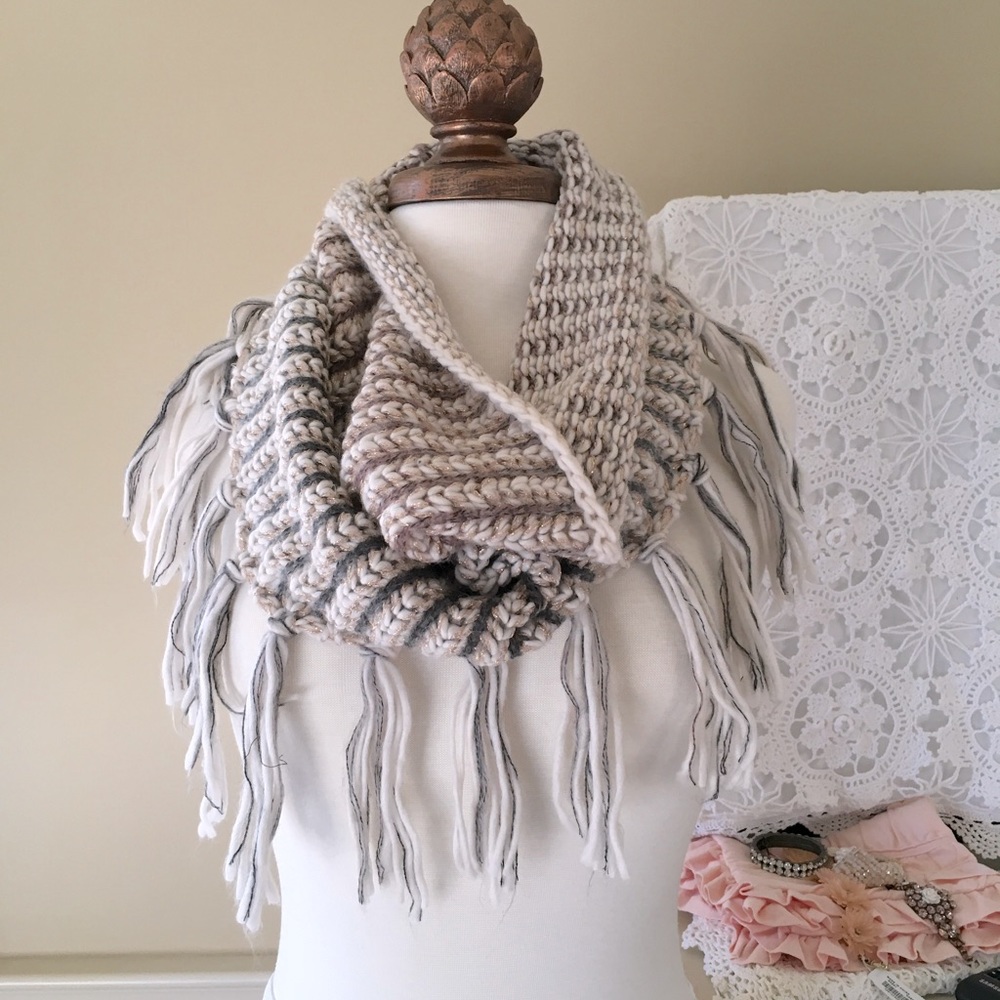 Infinity scarf with fringe.